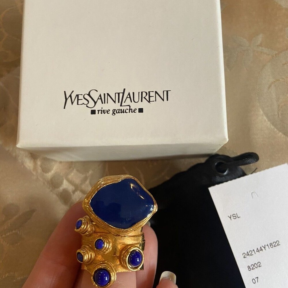 Vintage Yves saint laurent YSL blue gold enamel cabochon chunky ring